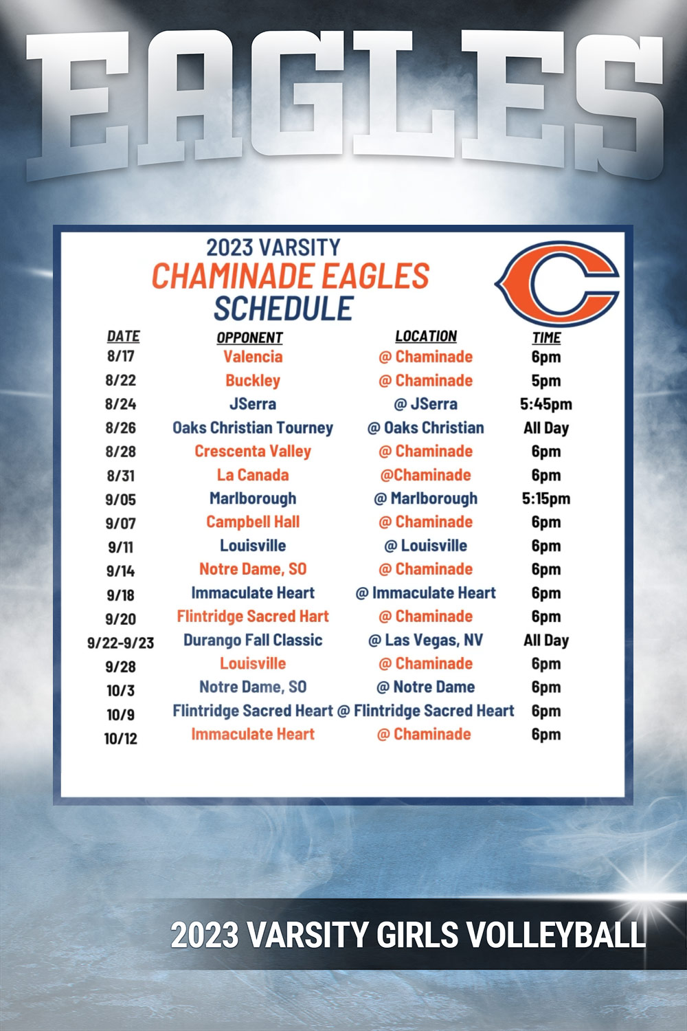 2023 Eagles Varsity Game Calendar